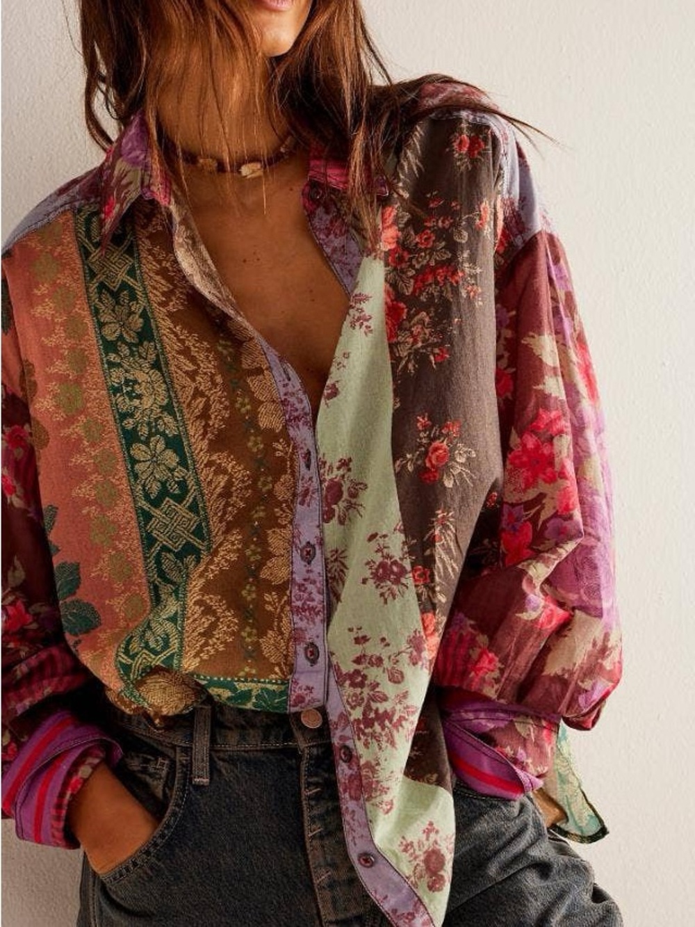 Free People Multi-Color Flower Patch Button-Down Shirt